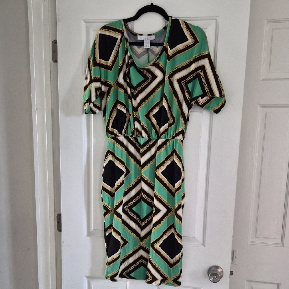 Ashley Stewart Green and Black Geometric Midi Dress